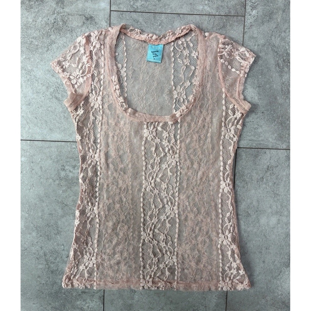 Vintage Y2K Women's Small Pink Sheer Lace Top Floral Crochet Boho Fairycore
